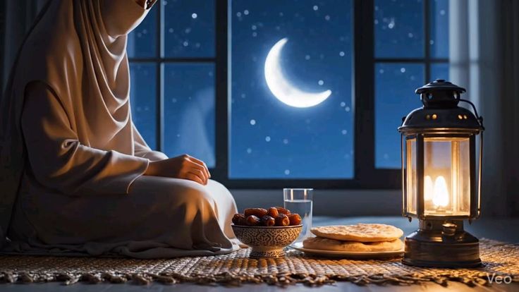 A woman making dua at night beside dates, bread, and a lit lantern