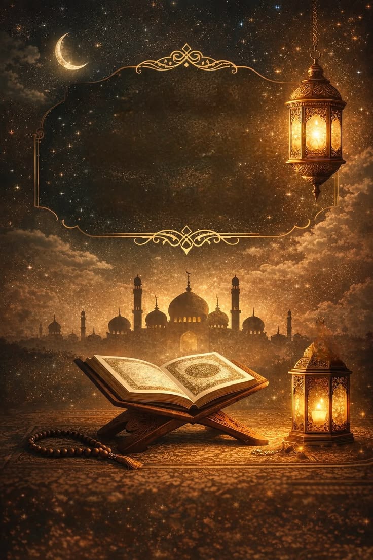 The Holy Quran on a stand at night with a crescent moon and glowing lantern