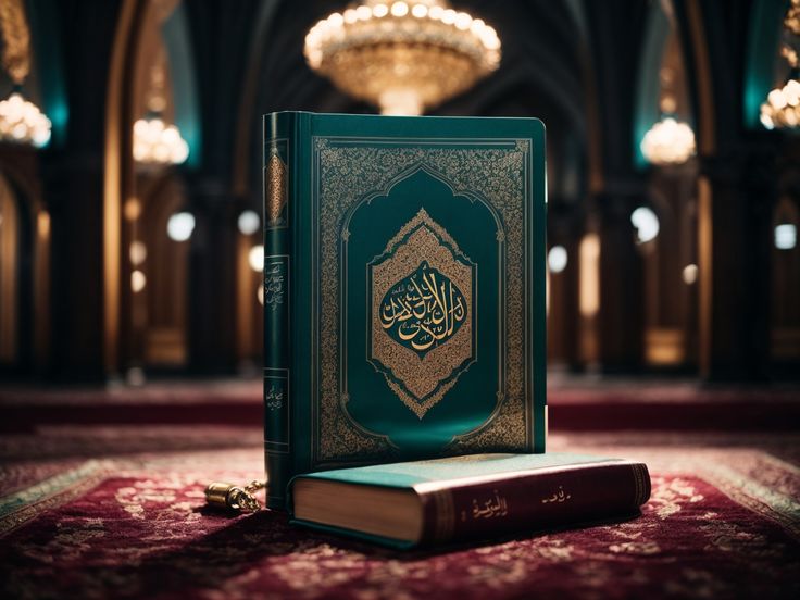Copies of the Holy Quran standing inside a lantern-lit mosque hall