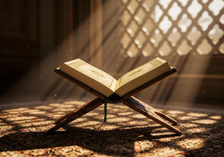 Sunlight streaming through a lattice window onto an open Quran