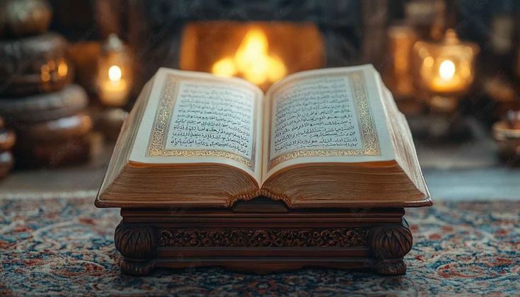 Open Quran on a wooden stand beside a warm fireplace