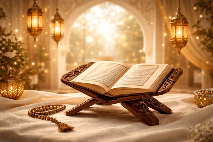 Open Quran on a carved stand surrounded by lanterns and prayer beads