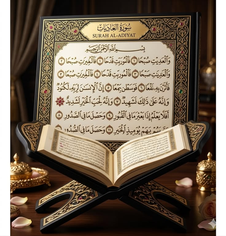 Ornate Quran page displaying Surah Al-Adiyat in gold calligraphy