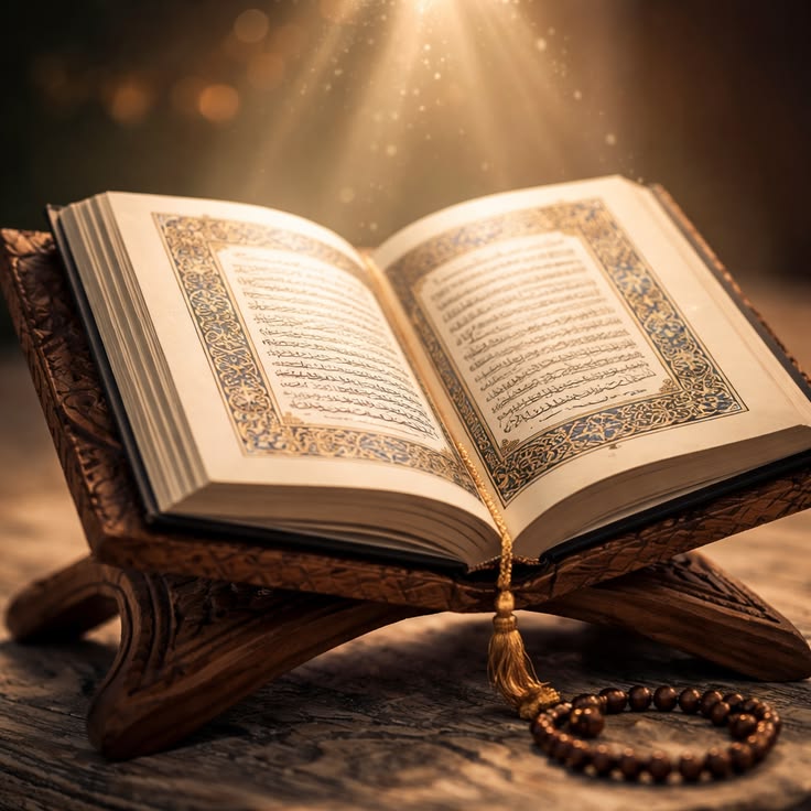 Open Quran with illuminated pages and prayer beads resting beside it