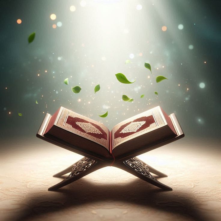 The Holy Quran glowing softly with green leaves drifting above it