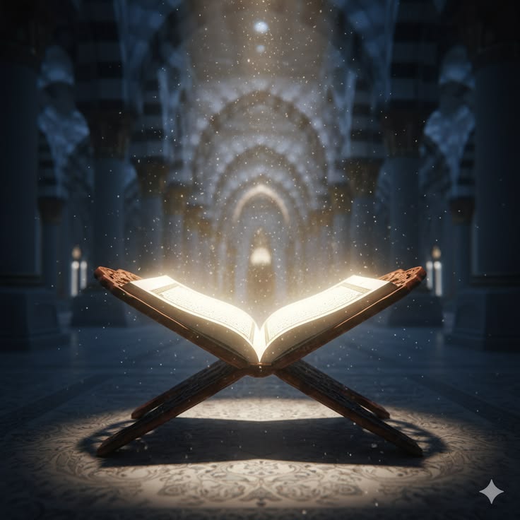 The Holy Quran glowing on a stand within an illuminated hall